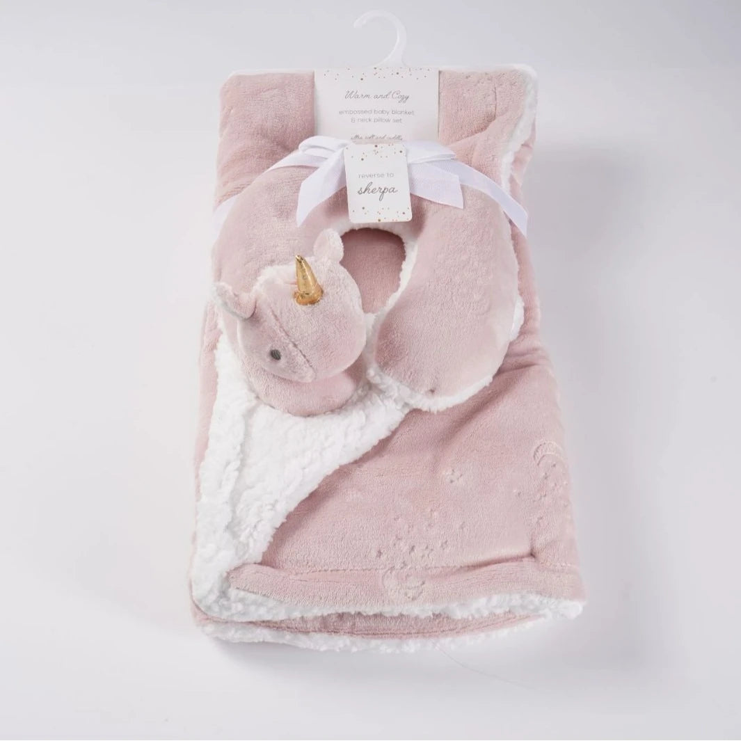 Couverture + mini coussin de voyage bébé Licorne